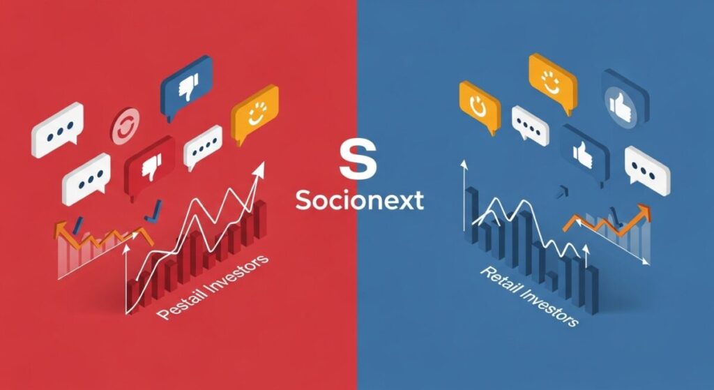 「個人投資家の本音は?ソシオネクストへのSNS・掲示板の賛否両論」をテーマにした挿絵。悲観的な意見と楽観的な意見がSNSの吹き出し形式で左右に分かれて表示され、市場の意見の対立を表現している。