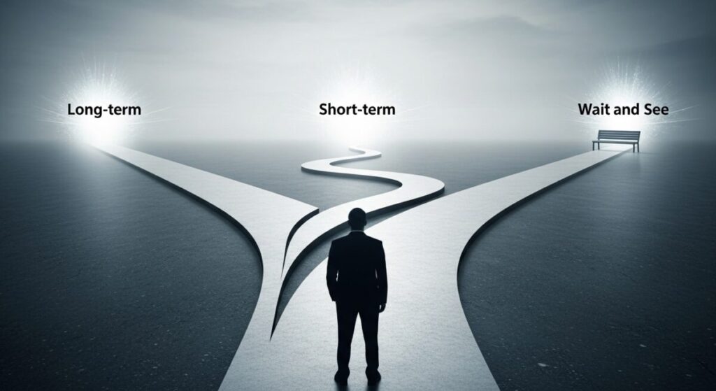 「まとめ:アドバンテストの投資戦略」をテーマにした挿絵。投資家を象徴する人物が、未来へと続く3つの異なる道(まっすぐな道、曲がりくねった道、待機場所)の分岐点に立ち、どの道を選ぶべきか考えている。