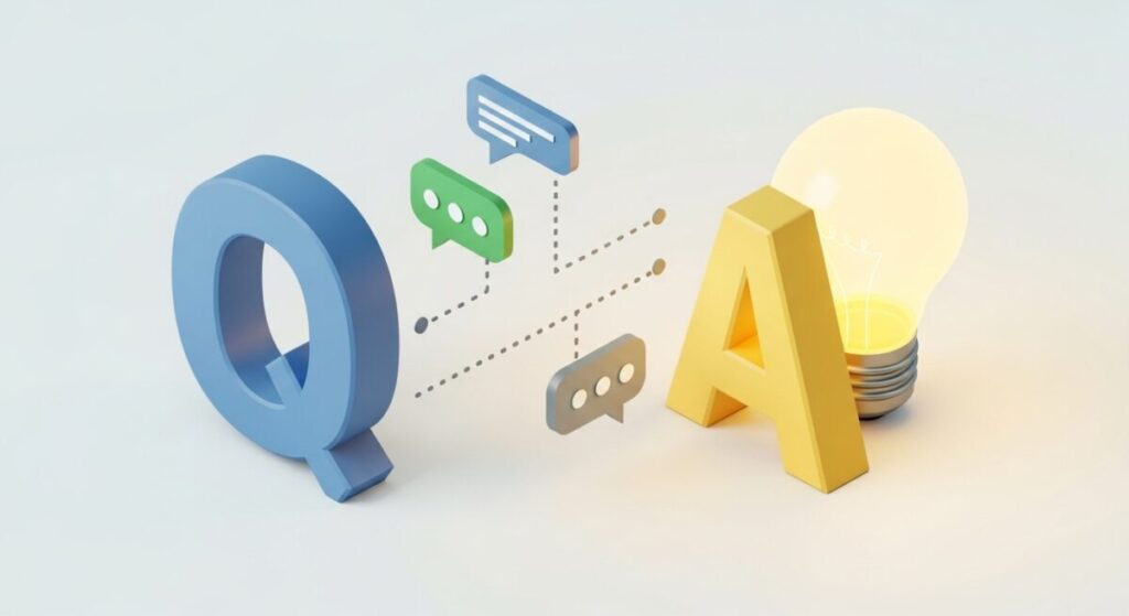 「ソシオネクスト株価に関するよくある質問」をテーマにした挿絵。クエスチョンマークのアイコンと、それに対応する電球のアイコンが並んでおり、投資家の疑問が解消される様子をシンプルに表現している。