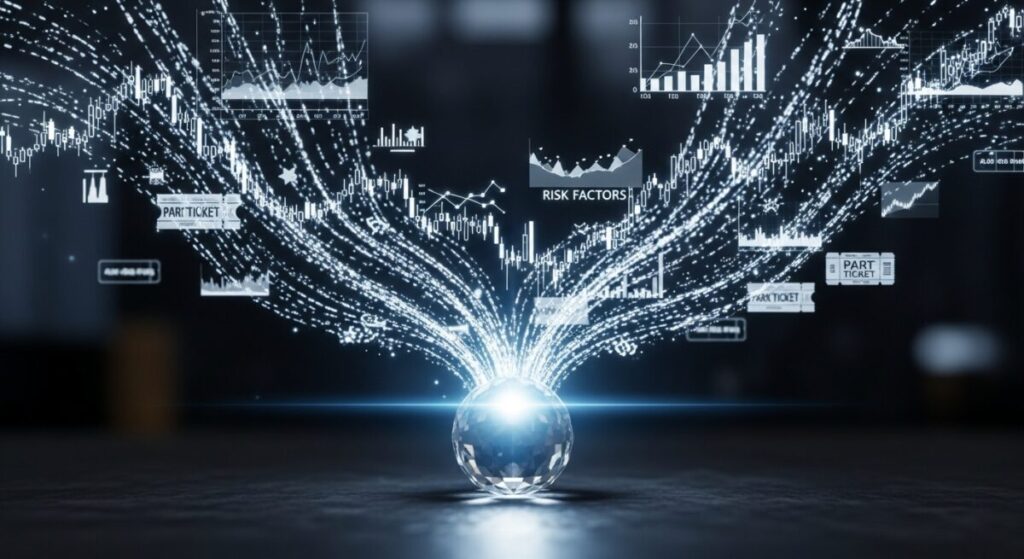 「まとめ」をテーマにした挿絵。株価チャートや業績グラフなどの様々な情報が、一つの輝く結晶に集約され、投資判断の核心を示唆している。