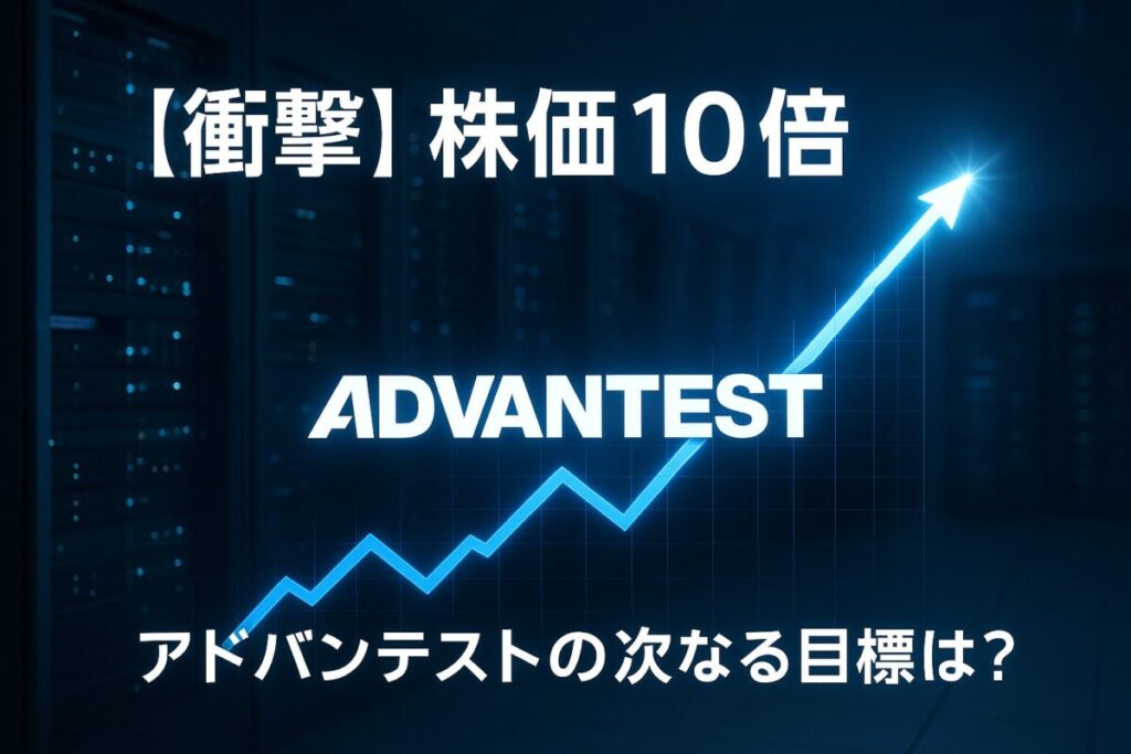 青く輝く右肩上がりの株価チャートの3D画像。この記事のテーマである「アドバンテストの株価」の驚異的な成長と将来性を象徴する一枚。