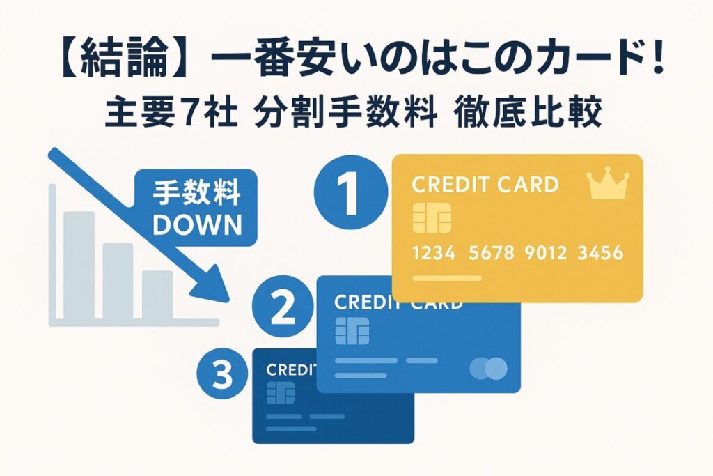 ランキング形式で並んだクレジットカードのイラスト。この記事のテーマである「クレジットカードの分割手数料比較」の結果、最も手数料が安いカードが一目でわかることを象徴する一枚。