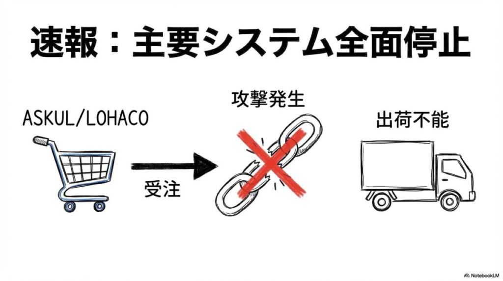 アスクルのシステム停止の図解。受注から出荷までのプロセスが攻撃によって遮断された関係性を、3ステップ図で表現した画像。