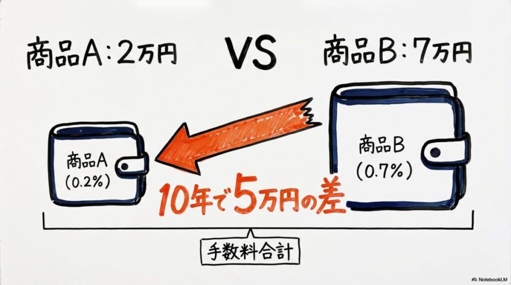 金投資の信託報酬0.5%の差が10年後に与える影響の図解。商品A（0.2%）と商品B（0.7%）の手数料合計の格差を、VS図で表現した画像。