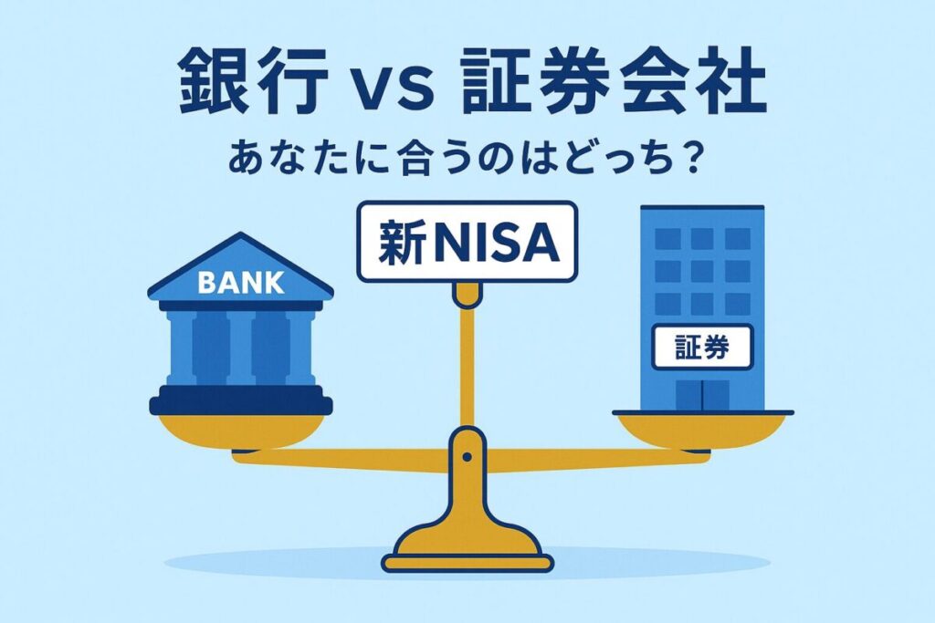 天秤の上で比較される銀行と証券会社のアイコン。この記事のテーマである「新NISAの銀行と証券会社の比較」を象徴する一枚。