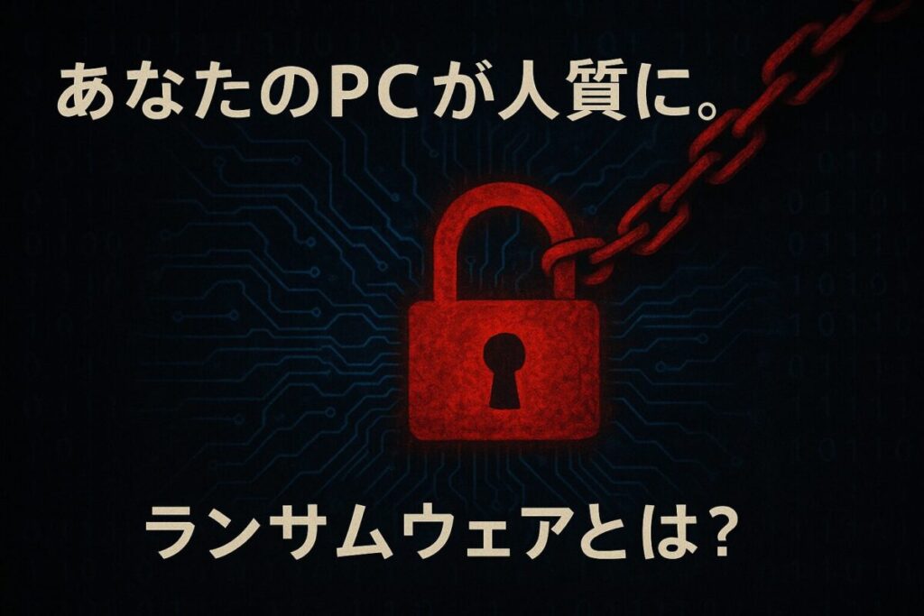 青い回路図に食い込む赤い南京錠のイラスト。この記事のテーマである「ランサムウェアとは何か」というサイバーセキュリティの脅威を象徴する一枚。
