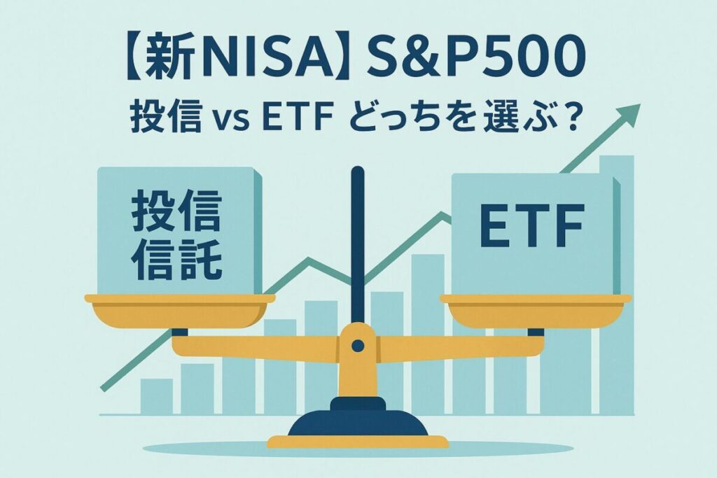 天秤に乗った「投資信託」と「ETF」の箱を比較するイラスト。この記事のテーマである「新NISA S&P500投資における投資信託とETFの比較」を象徴する一枚。