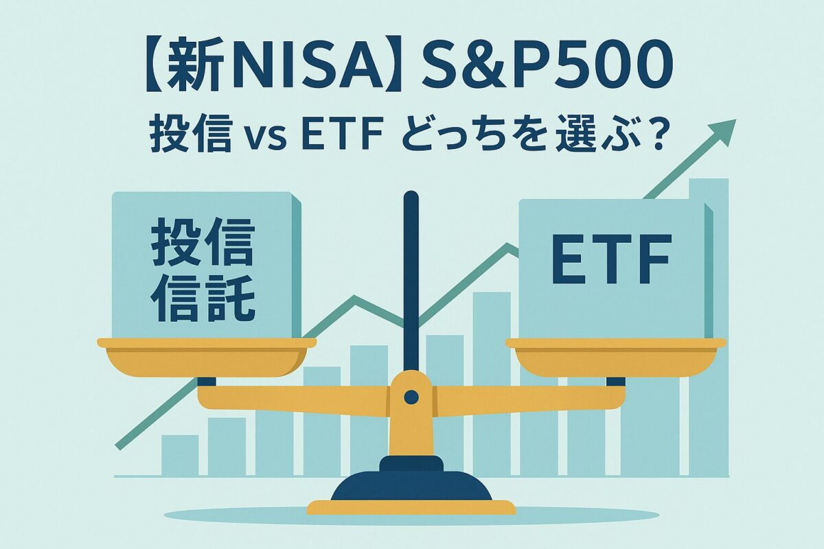 天秤に乗った「投資信託」と「ETF」の箱を比較するイラスト。この記事のテーマである「新NISA S&P500投資における投資信託とETFの比較」を象徴する一枚。