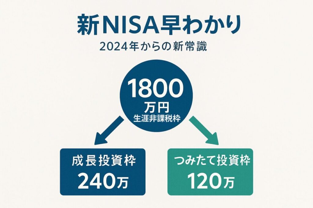 新NISAの制度概要を図解したインフォグラフィック。中央の「1800万円」生涯非課税枠から2つの投資枠へ矢印が伸びており、この記事のテーマである「新NISAの仕組み」を象徴する一枚。