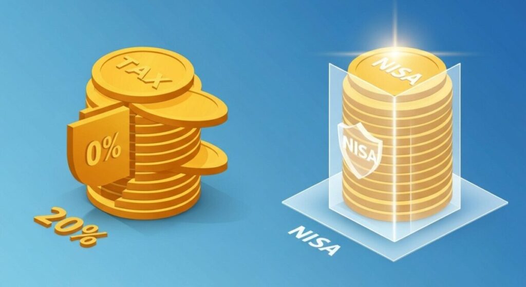 「新NISAとは?」をテーマにした挿絵。通常の投資では税金分が引かれるコインの山と、NISAの盾で守られ全く減らないコインの山が並んだインフォグラフィック。