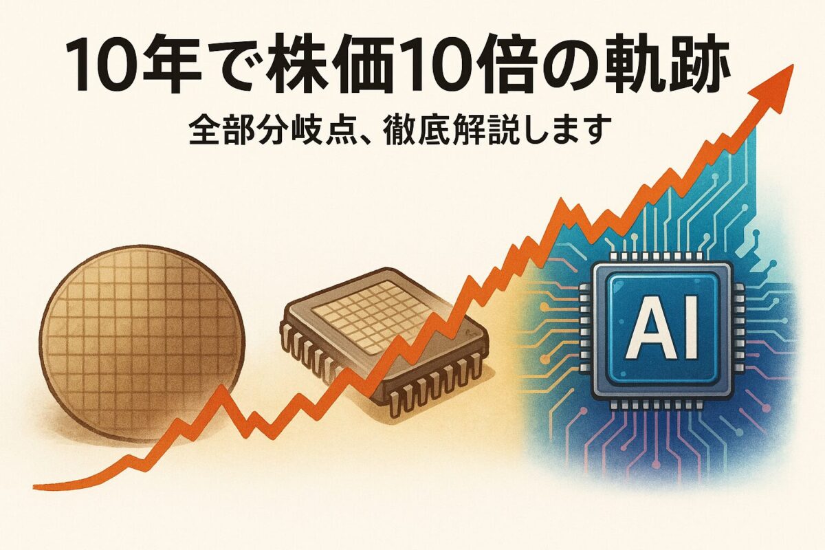 半導体の進化と共に、アドバンテストの10年間の株価チャートが右肩上がりに伸びていくイラスト。この記事のテーマである「アドバンテストの株価チャートの長期推移」を象徴する一枚。