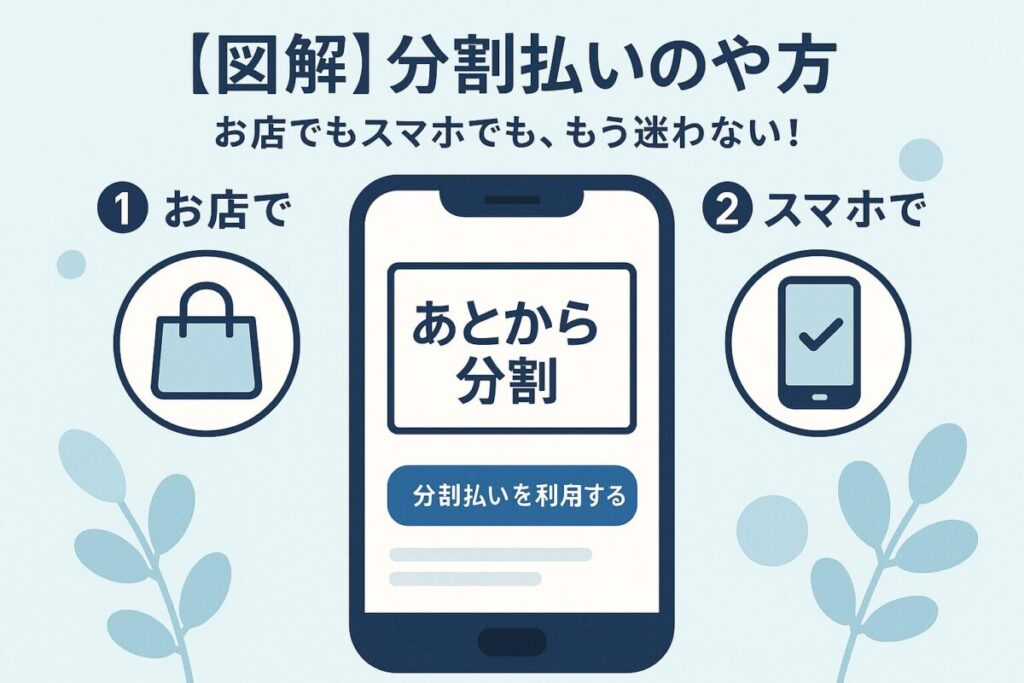 スマートフォンの操作画面とステップを示すアイコンのイラスト。この記事のテーマである「クレジットカード分割払いのやり方」を、図解で分かりやすく解説していることを象徴する一枚。