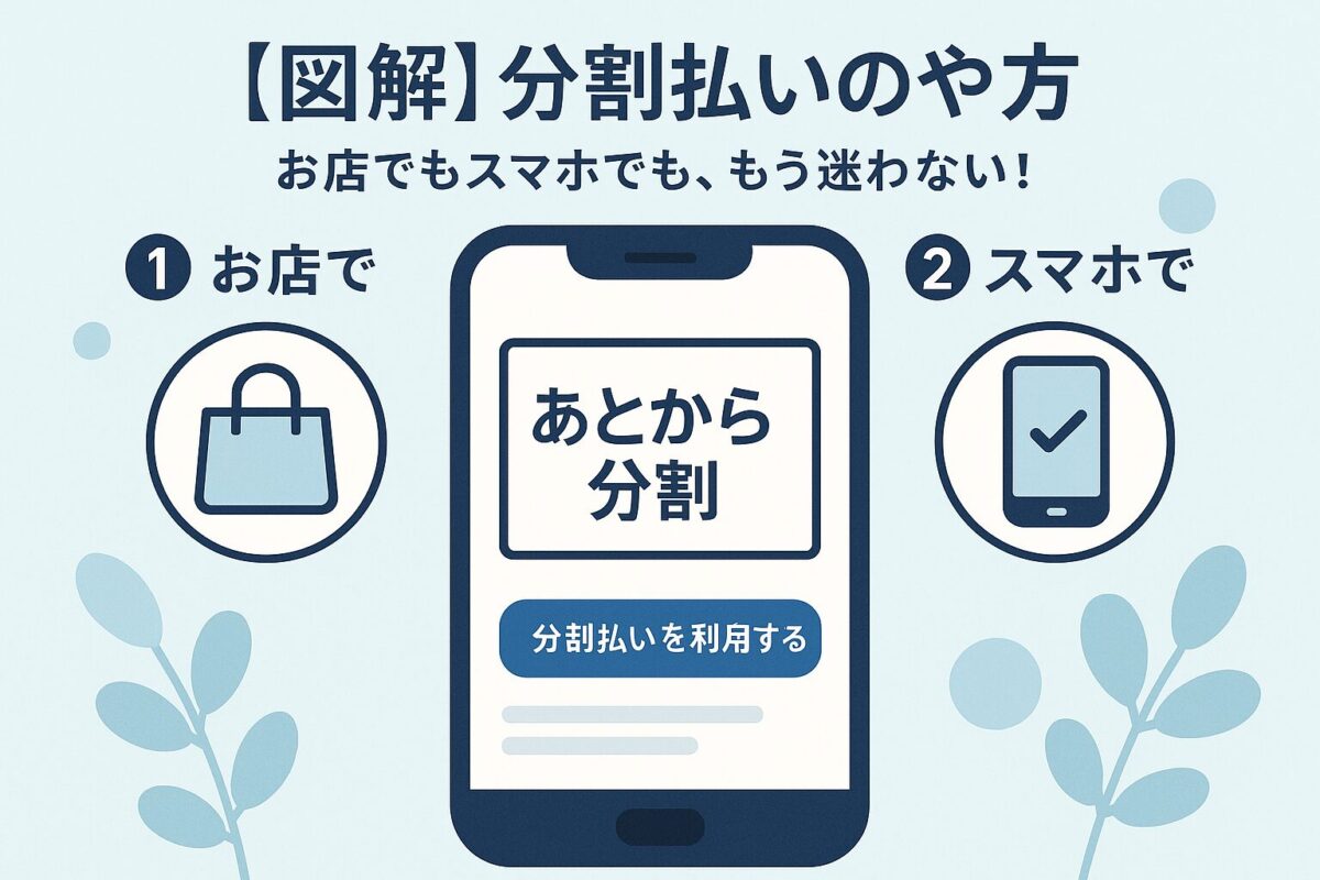 スマートフォンの操作画面とステップを示すアイコンのイラスト。この記事のテーマである「クレジットカード分割払いのやり方」を、図解で分かりやすく解説していることを象徴する一枚。