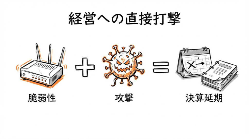 アサヒグループHDの被害の図解。脆弱性と攻撃が合わさり決算延期に至った因果関係を、数式図で表現した画像。