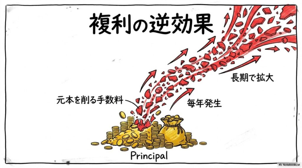 複利の逆効果の図解。手数料が毎年元本を削り取り、長期で資産に悪影響を与える仕組みを、センター配置で表現した画像。