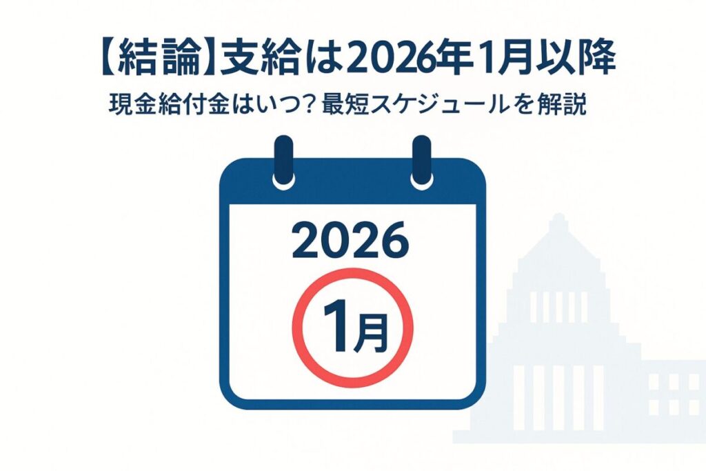 2026年1月のカレンダーが強調された画像。この記事のテーマである「2025年の現金給付金はいつ支給されるのか」という問いに対し、「最短で2026年1月以降」という結論を象徴する一枚。