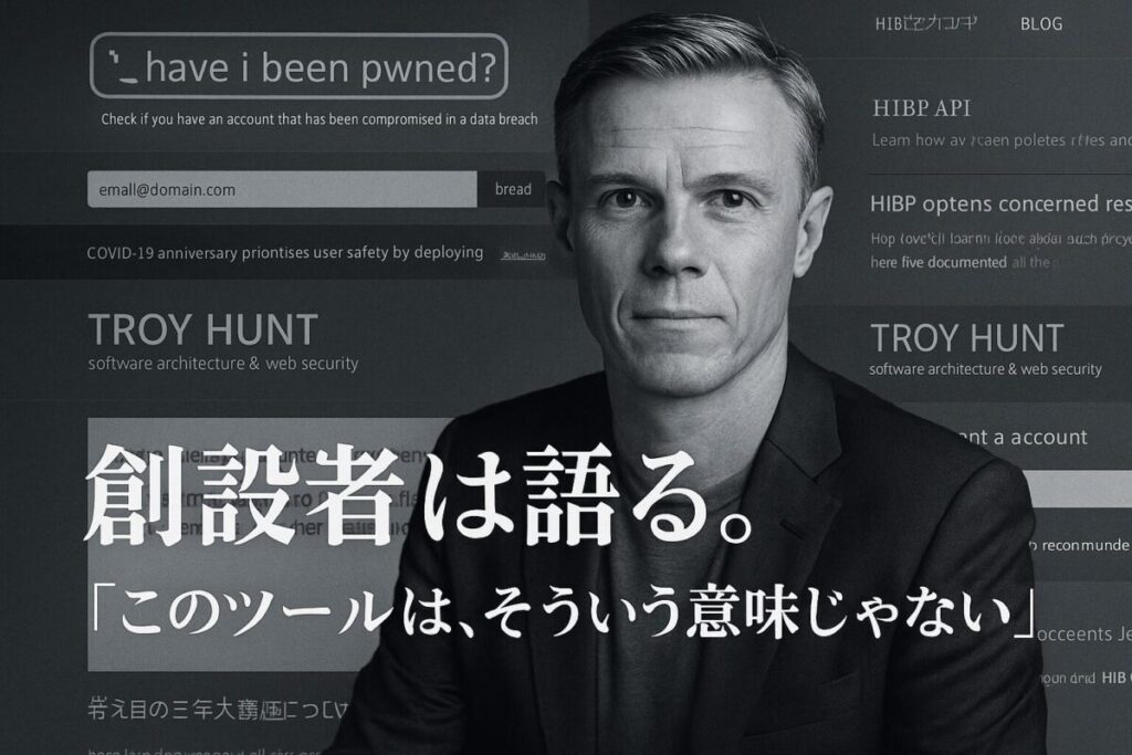 創設者トロイ・ハント氏の写真と引用句。「Have I Been PwnedのGmail結果は誤報」というテーマについて、開発者本人の思想と意図に基づいて解説する、権威性の高い記事であることを示す一枚。