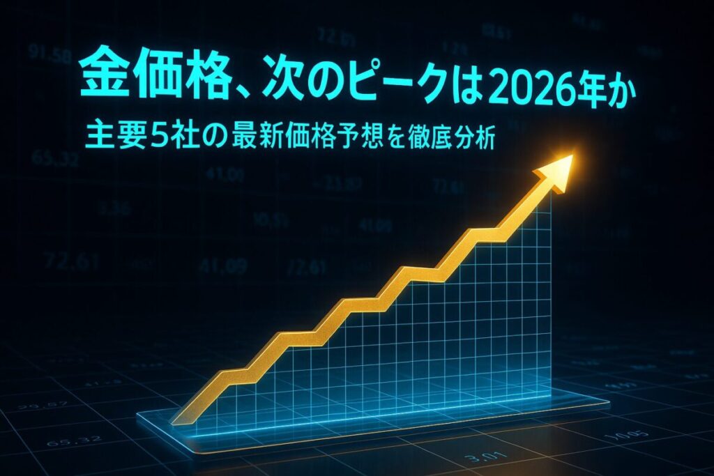 未来的なホログラムチャートに、2026年以降の金価格予想が右肩上がりに表示されている画像。この記事のテーマである「金価格 予想 下落」後の長期的な見通しを象徴する一枚。