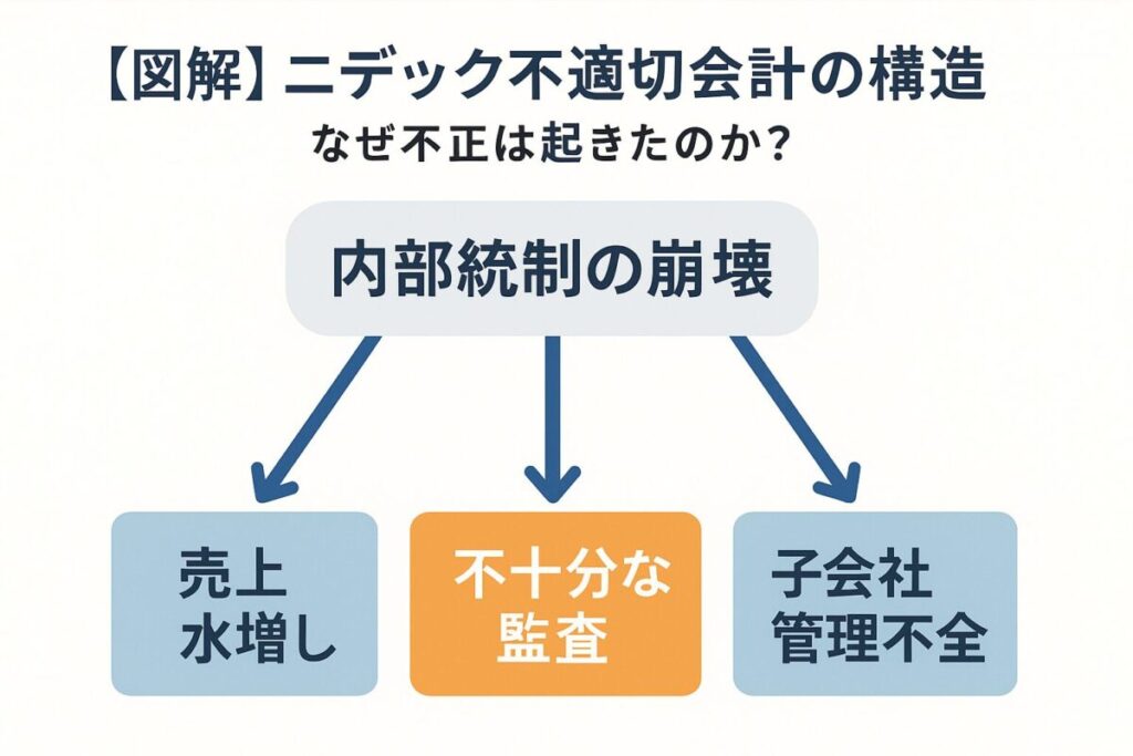 「内部統制の崩壊」から「売上水増し」などへ矢印が伸びるインフォグラフィック。この記事のテーマである「ニデックの不適切会計の内容」とその構造を象徴する一枚。