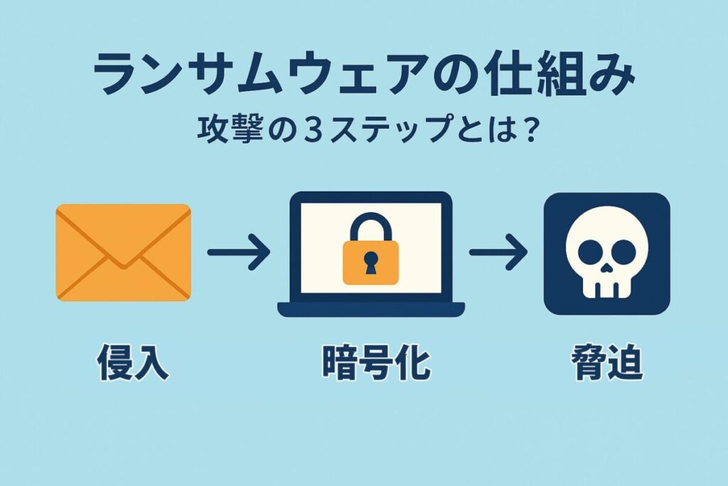 侵入、暗号化、脅迫の3ステップを図解したインフォグラフィック。この記事のテーマである「ランサムウェアの仕組み」を視覚的に分かりやすく解説する一枚。