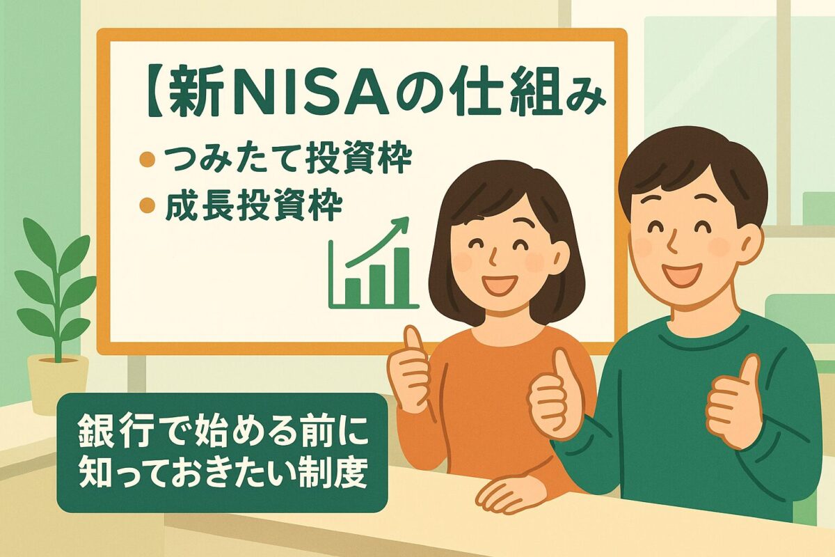 新NISAの仕組みについて解説するイラスト。銀行の窓口で、若い夫婦が専門家から「つみたて投資枠」と「成長投資枠」の違いについて説明を受けている様子。この記事のテーマである「新NISAを銀行で始める方法」を象徴する一枚。