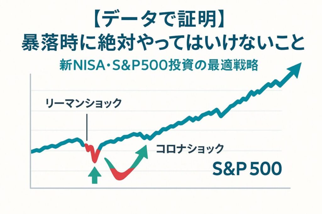 右肩上がりのS&P500のチャート上で、暴落時に買い増す様子を示したインフォグラフィック。この記事のテーマである「新NISA S&P500 戦略」における、暴落時の積立継続の重要性を象徴する一枚。