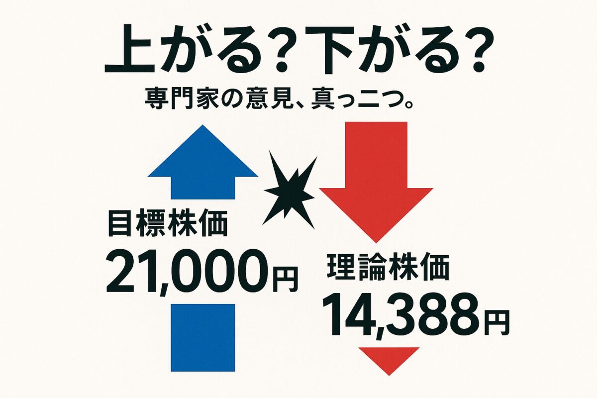 アナリストの目標株価と理論株価が対立しているインフォグラフィック。この記事のテーマである「アドバンテストの株価予想」の多角的な分析を象徴する一枚。