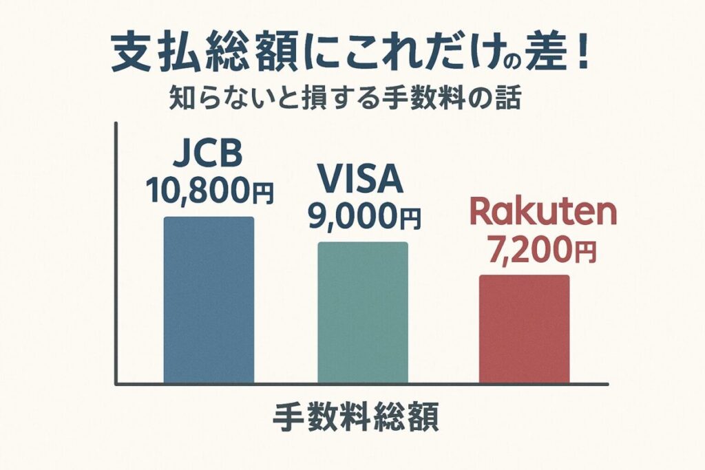 Visa, JCB, 楽天カードの分割手数料のシミュレーション結果を示す棒グラフのイラスト。この記事のテーマである「クレジットカードの分割手数料比較」を、具体的な金額差で示していることを象徴する一枚。