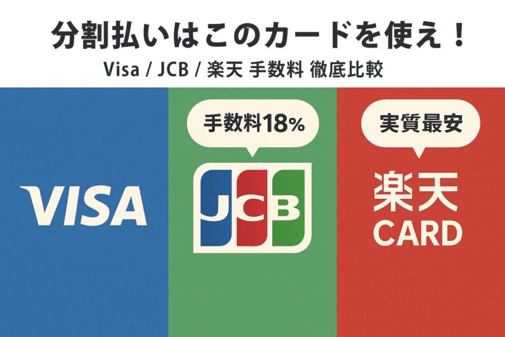 Visa, JCB, 楽天カードのロゴを並べて比較しているイラスト。この記事のテーマである「クレジットカードの分割手数料をVisa, JCB, 楽天で比較」し、最もお得なカードを結論付けていることを象徴する一枚。