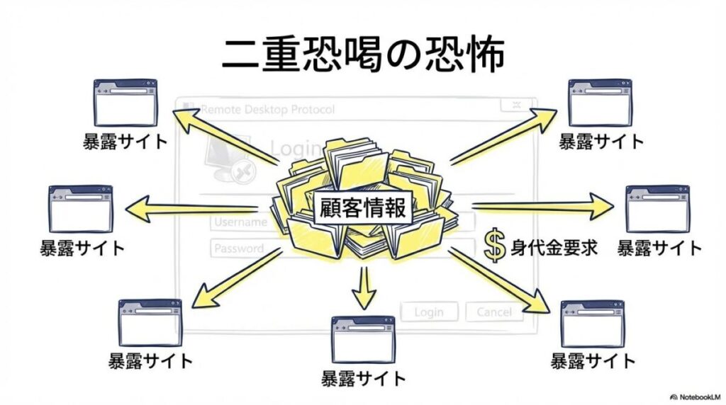 保険見直し本舗のデータ流出の図解。中央の顧客情報が外部へ流出する様子を、センター配置で表現した画像。