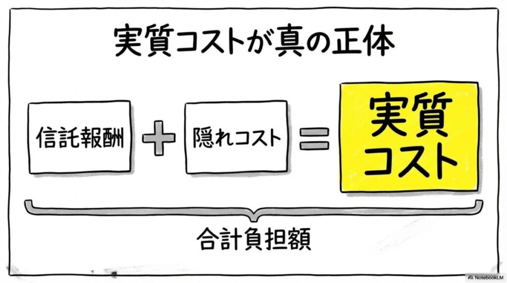 実質コストの内訳の図解。信託報酬と隠れコストを足したものが実質コストであることを、数式図で表現した画像