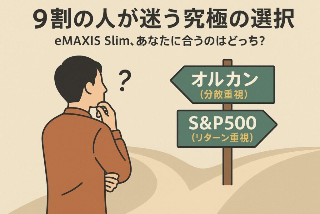 「S&P500」と「オルカン」の分かれ道で投資家が悩んでいるイラスト。この記事のテーマである「eMAXIS Slim S&P500 オルカン 比較」において、多くの投資家が抱える選択の悩みを表現した一枚。