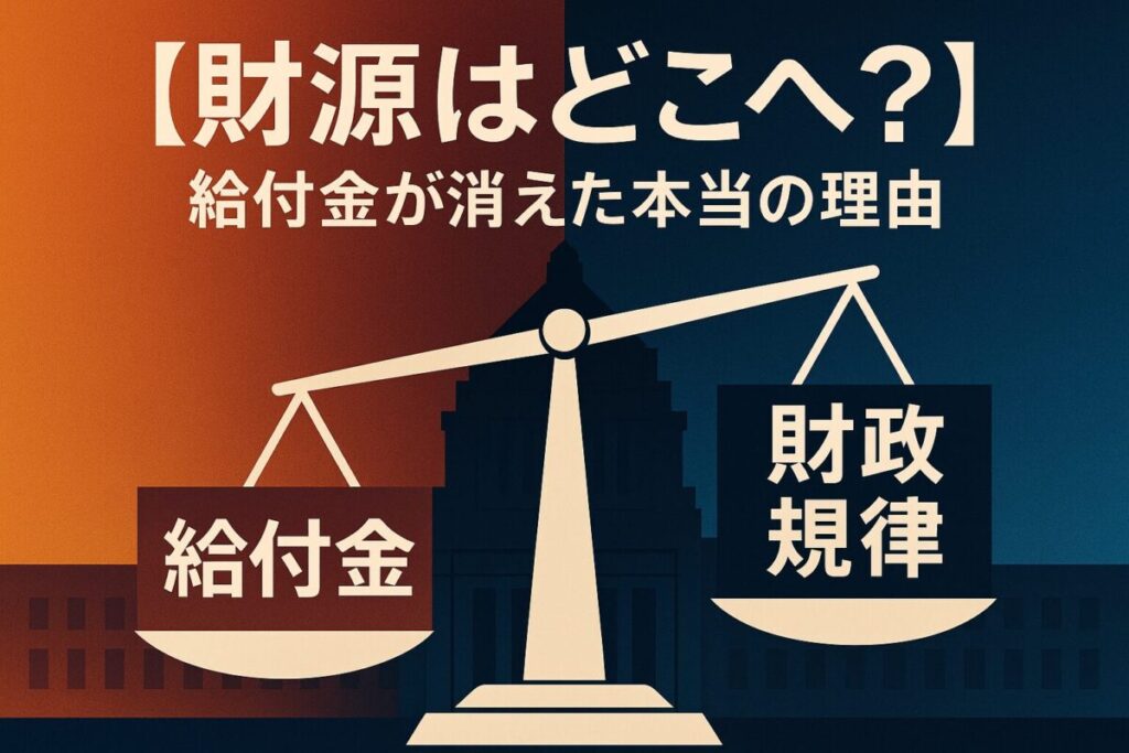 「給付金」と「財政規律」が乗った傾いた天秤の画像。この記事のテーマである「現金給付金の財源がなぜないのか」という政治的・経済的背景の対立構造を象徴する一枚。