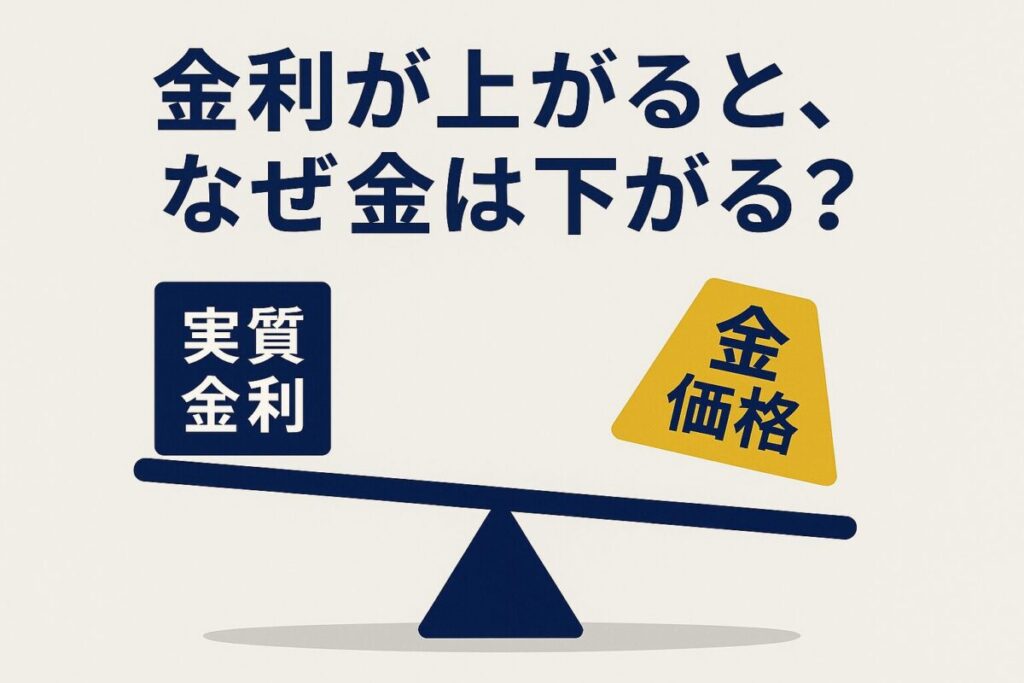 実質金利と金価格がシーソーに乗っているイラスト。「実質金利」が上がると「金価格」が下がるという、金価格下落の最も重要な理由を直感的に表現しています。