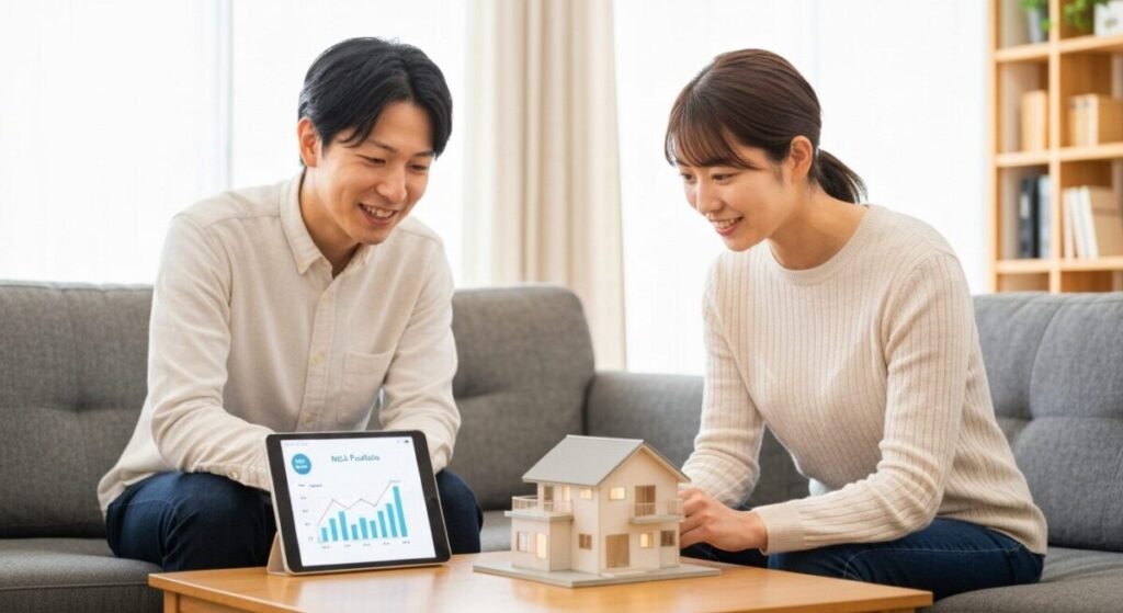 「新NISAの生涯非課税保有限度額と枠の復活」をテーマにした挿絵。若い日本人夫婦が自宅リビングで、マイホームの模型を前に笑顔で話し合っており、NISAを活用したライフプランニングを象徴している。