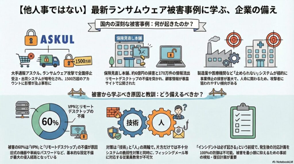 図解『【2025年最新】ランサムウェア被害事例10選｜アスクル等に学ぶ原因と対策』