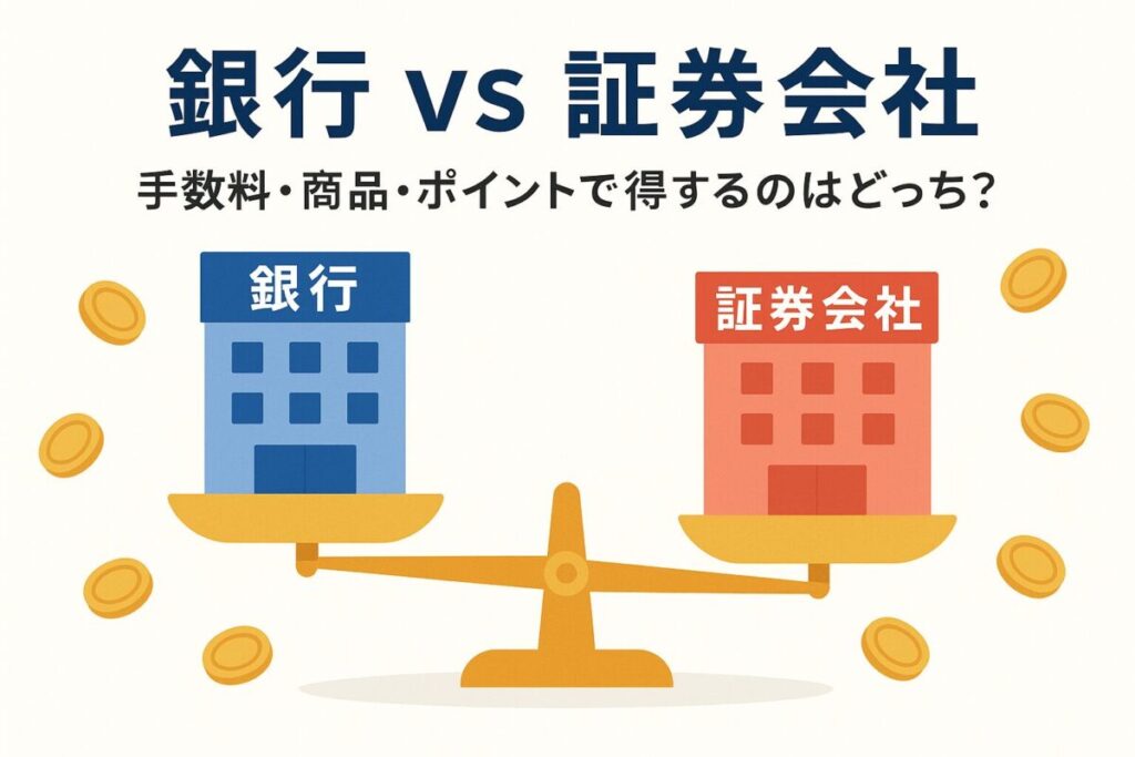 銀行と証券会社のビルが乗った天秤のイラスト。この記事のテーマである「新NISAの銀行比較」において、どちらがお得かを天秤にかけて検討していることを象徴する一枚。