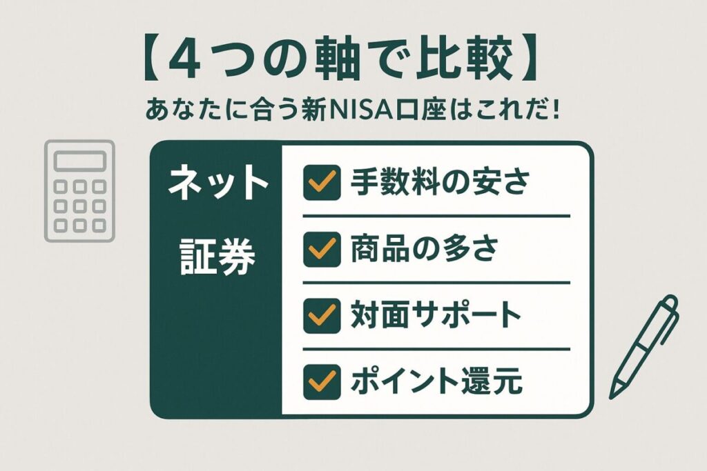 手数料や商品数など4つのチェックリストのイラスト。この記事が「新NISAの銀行比較」を多角的に行い、読者に最適な選択肢を提示することを示す画像。