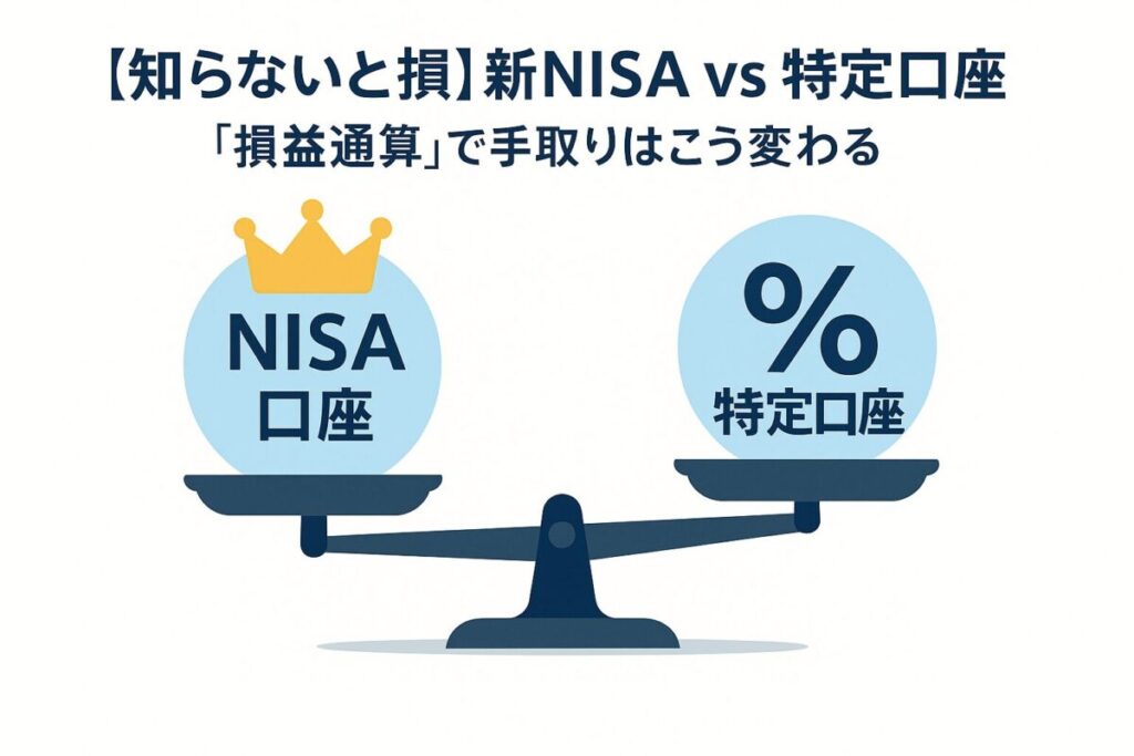 NISA口座と特定口座が乗った天秤のイラスト。この記事が「新NISAで損益通算ができない」というテーマを扱い、特定口座との違いを比較解説していることを示す一枚。