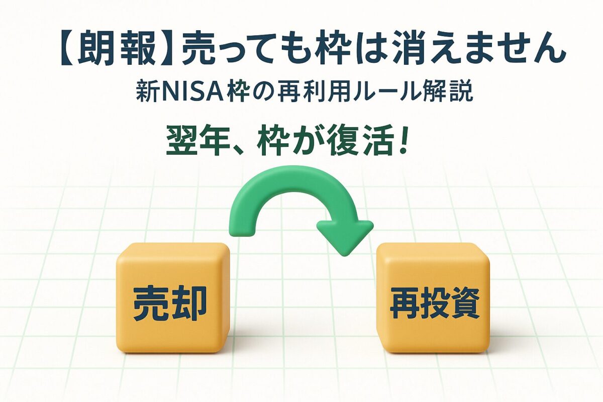 新NISAの非課税保有限度額における「枠の再利用」ルールを図解したインフォグラフィック。売却した枠が翌年復活する様子を矢印で示しており、この記事のテーマを象徴する一枚。