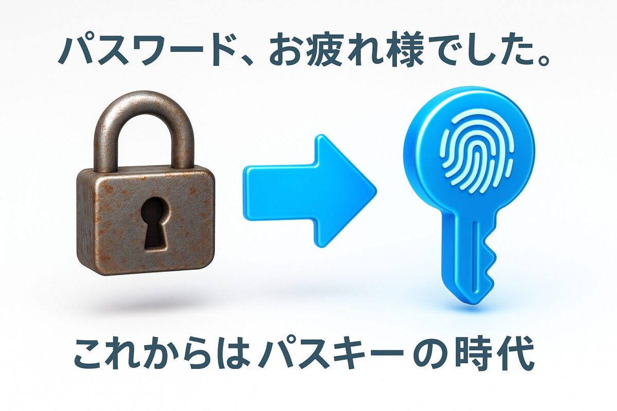 古い南京錠から新しいデジタルの鍵へ進化するイラスト。「gmail パスワード パスキー とは」何か、パスワードに代わる次世代の認証技術を解説する記事内容を象徴する一枚。