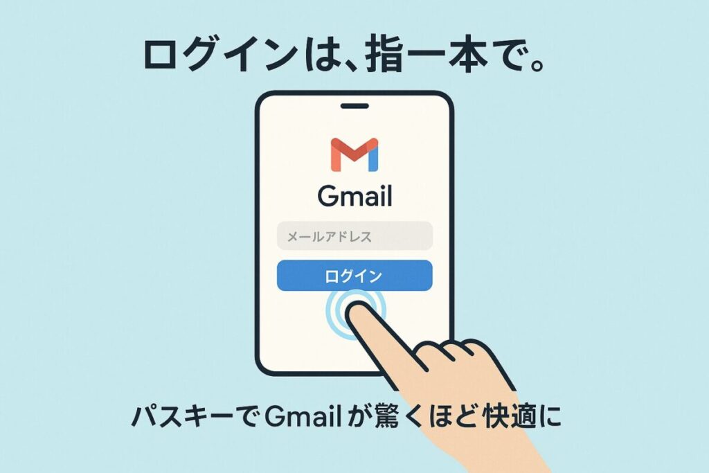 スマートフォンの画面上で指紋認証ログインするイラスト。「gmail パスワード パスキー とは」何か、その利便性と簡単な設定方法を解説する記事内容を象徴する一枚。