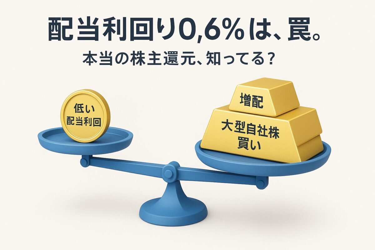 天秤で「低い配当利回り」と「増配・自社株買い」を比較している3Dインフォグラフィック。この記事のテーマである「アドバンテストの総合的な配当・株主還元力」を象徴する一枚。