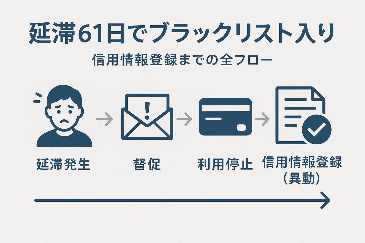 分割払い延滞から信用情報登録までの流れを時系列で示したインフォグラフィック。この記事のテーマである「クレジットカードの分割払い延滞」後のプロセスを解説していることを示す一枚。