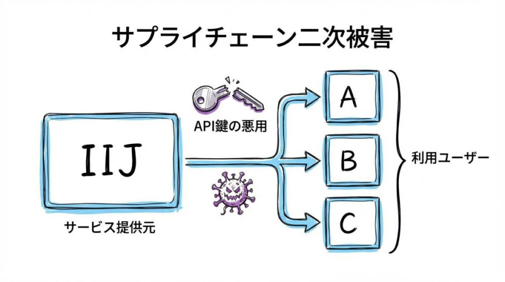 IIJの二次被害の図解。プラットフォームから顧客へ被害が広がる構造を、カード型で表現した画像。