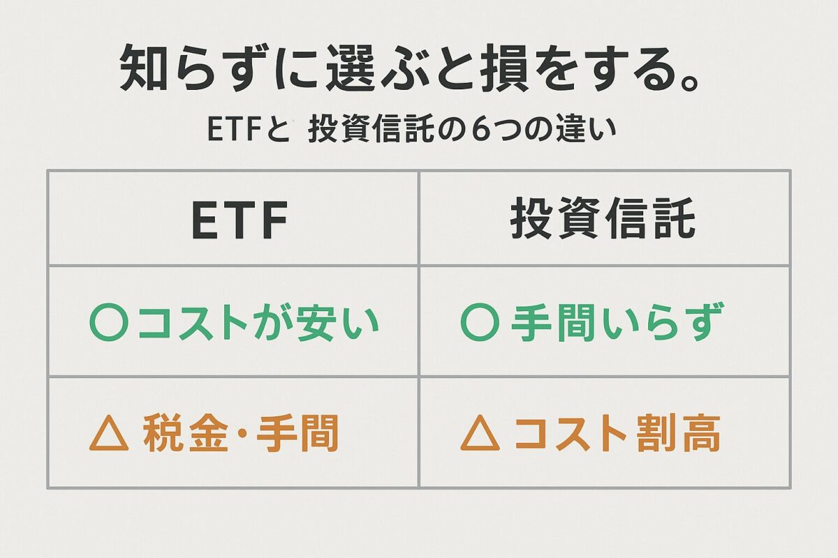 ETFと投資信託のメリット・デメリットを比較した表。この記事のテーマである「新NISAのETFと投資信託の違い」について、長所と短所を客観的に比較していることを示す一枚。