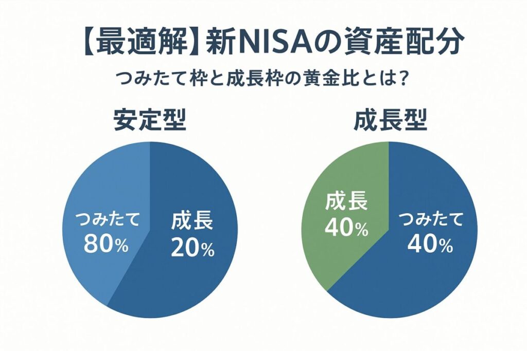 安定型と成長型の2つのポートフォリオ円グラフ。この記事のテーマである「新NISA 成長投資枠 併用」における最適な資産配分戦略を象徴する一枚