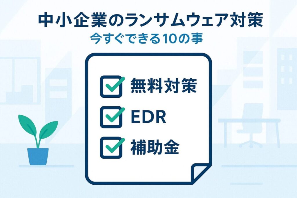 チェックリストのアイコンが描かれたインフォグラフィック。この記事のテーマである「中小企業向けのランサムウェア対策」を分かりやすく象徴する一枚