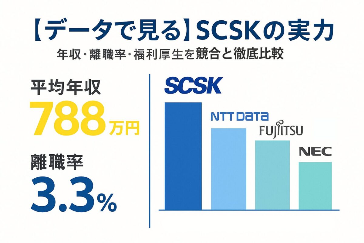 SCSKの年収と離職率を競合他社と比較するインフォグラフィック。この記事が「SCSKの年収や評判」を客観的なデータに基づいて徹底比較するコンテンツであることを示す一枚。