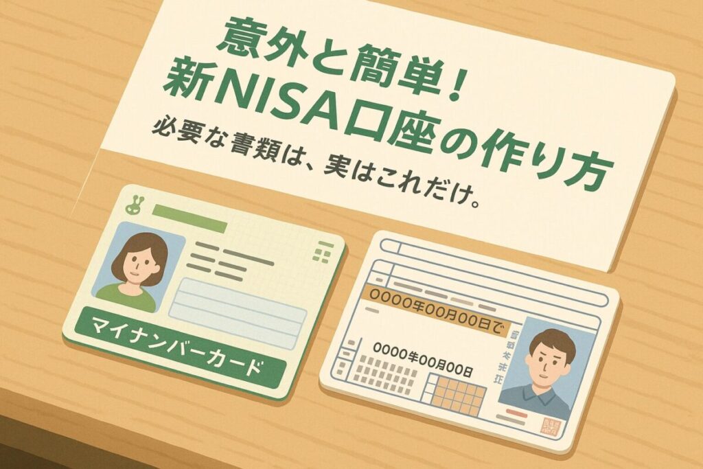 机の上に並べられたマイナンバーカードと運転免許証のイラスト。この記事が「新NISAの口座開設方法」で必要となる書類について具体的に解説していることを示す画像。